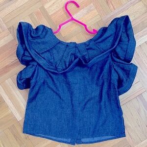 Pleated Ruffle Top w/ Butterfly Cap Sleeves - Lightweight Denim Top - Like New
